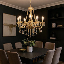 Lustre de Cristal Âmbar com 6 Braços em Alumínio e Cristal K9 Iluminação Sofisticada para Ambientes Internos